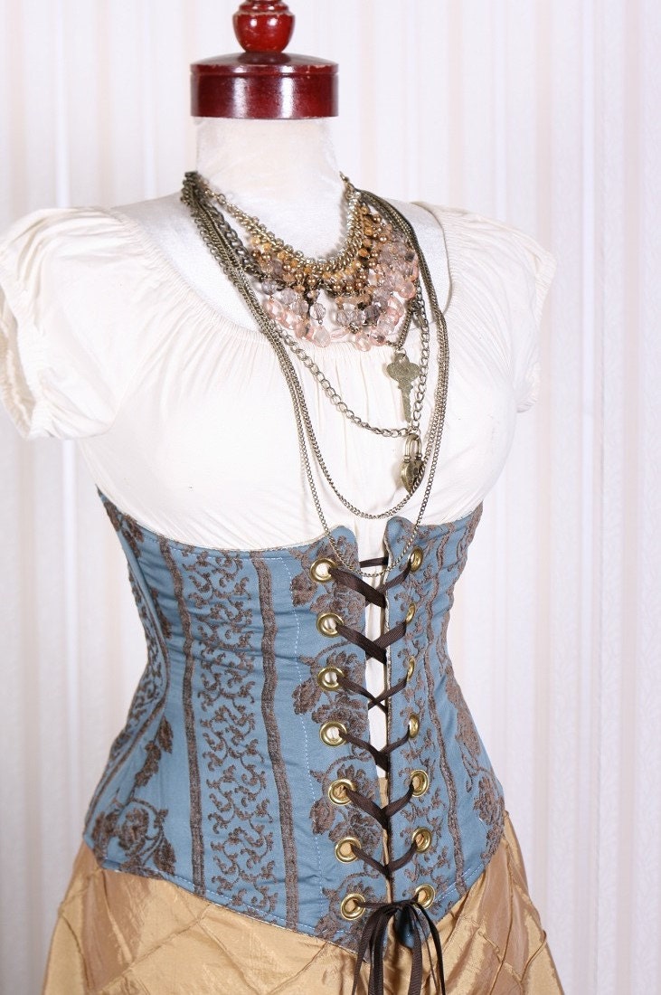 Waist 32 to 34 Cornflower Blue Trellis Underbust Corset
