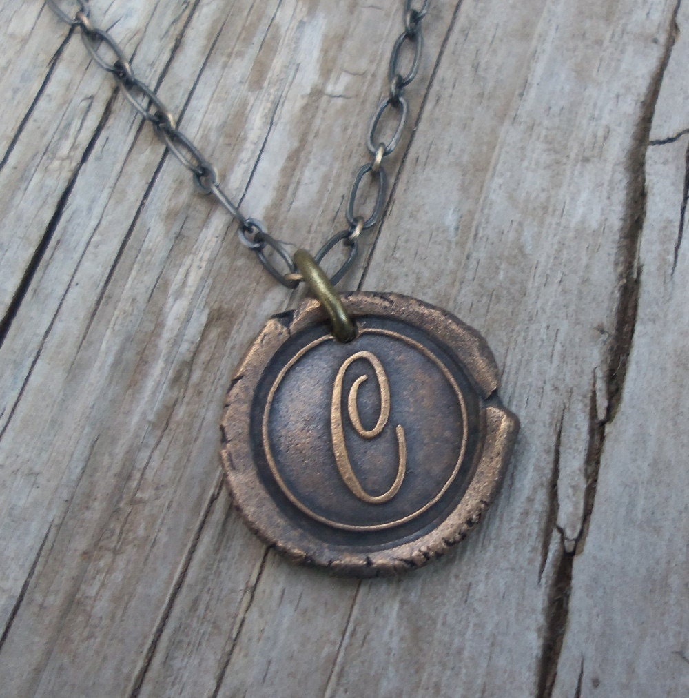 Bronze Letter C Wax Seal Initial Necklace