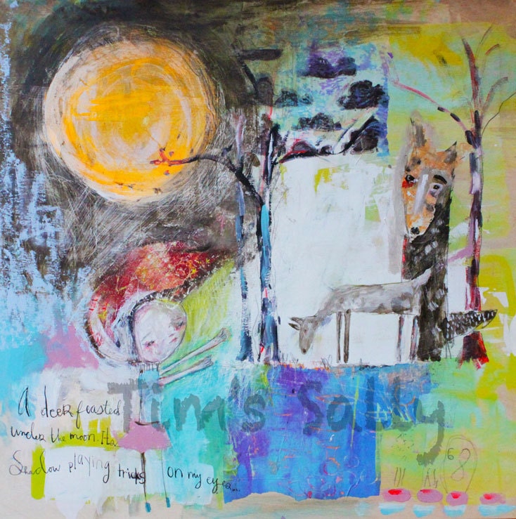 MOON DEER COYOTE - 4x4 mixed media art print by Mindy Lacefield