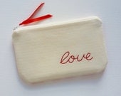 Padded Zipper Pouch Hand Embroidered LOVE on Lined Notebook Fabric