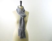 Super Long Summer Lace Scarf with Fringe in Gray Linen Cotton. Romantic Boho Style. Spring Fashion Hand Knit in France. Fog Grey.