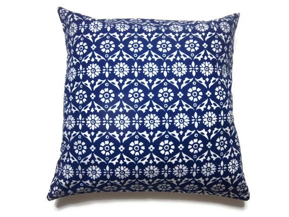 Two White on Navy Damask Design Pillow Covers Decorative Toss Throw Accent Covers 18 x 18 inch pair
