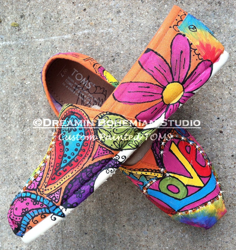 Peace love and paisleys Painted on YOUR TOMS with BLING