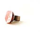 Pink Flower Ring Fabric Crystal Filigree Adjustable