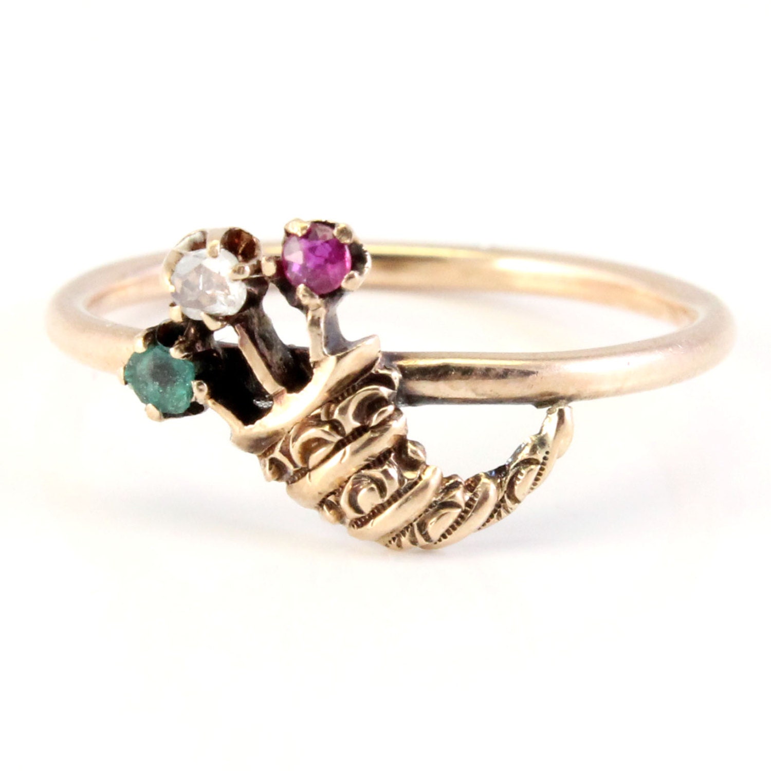 10K Rose Gold Antique Victorian Emerald Diamond Ruby Rose Cut Cornucopia Ring