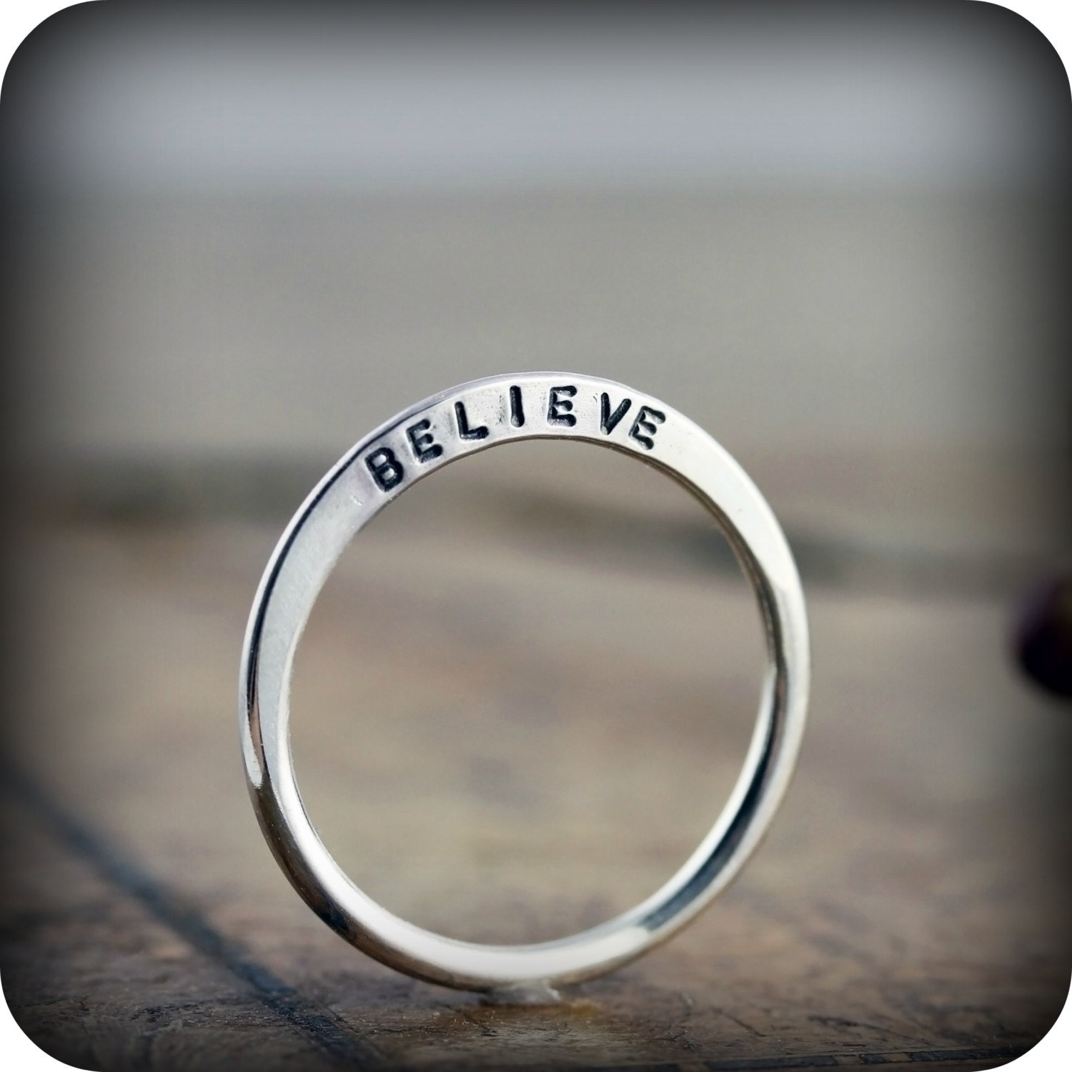 BELIEVE ring â€“ hand stamped recycled sterling silver ring