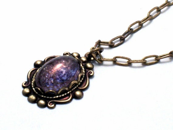 Amethyst Purple Moonstone Pendant Brass Necklace