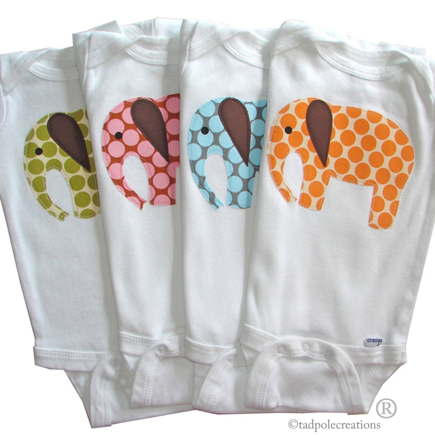 One Spotty Elephant Applique Baby Bodysuit - 0 to 3 Month, 3 to 9, 12 Months - Green, Pink, Blue, Orange, Yellow, or Red - SHORT SLEEVE