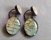 Vintage Map and Japanese Characters Sterling Silver Earrings  Traveling Love Letters  6ab