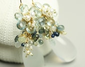 Aquamarine Flower 18k Solid Gold Earrings Milky Quartz Drop with Lush Gemstone Clusters