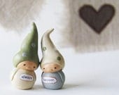 Wedding Cake Topper- Clay Gnome Sculptures and Linen Bunting- Handmade Keepsake Figurines