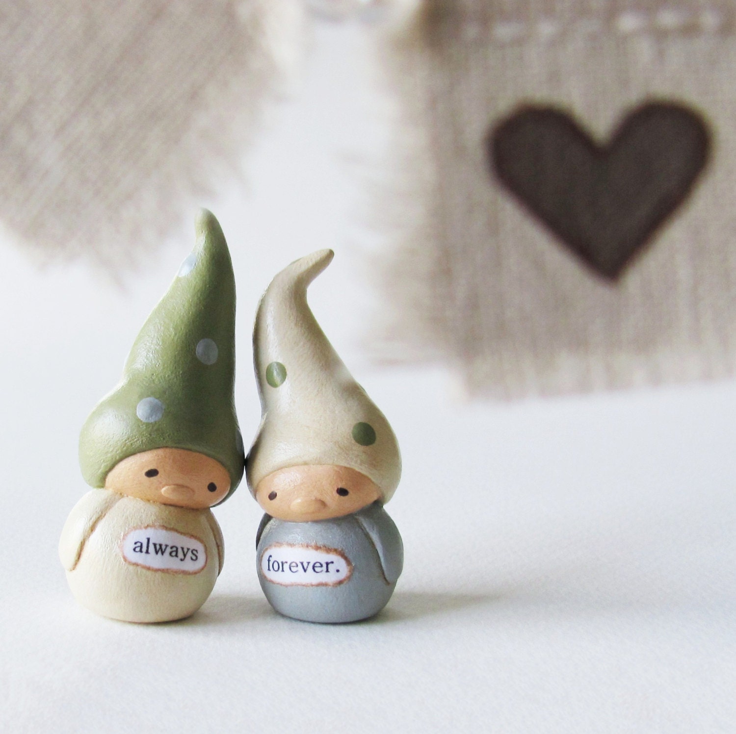 Wedding Cake Topper- Clay Gnome Sculptures and Linen Bunting- Handmade Keepsake Figurines