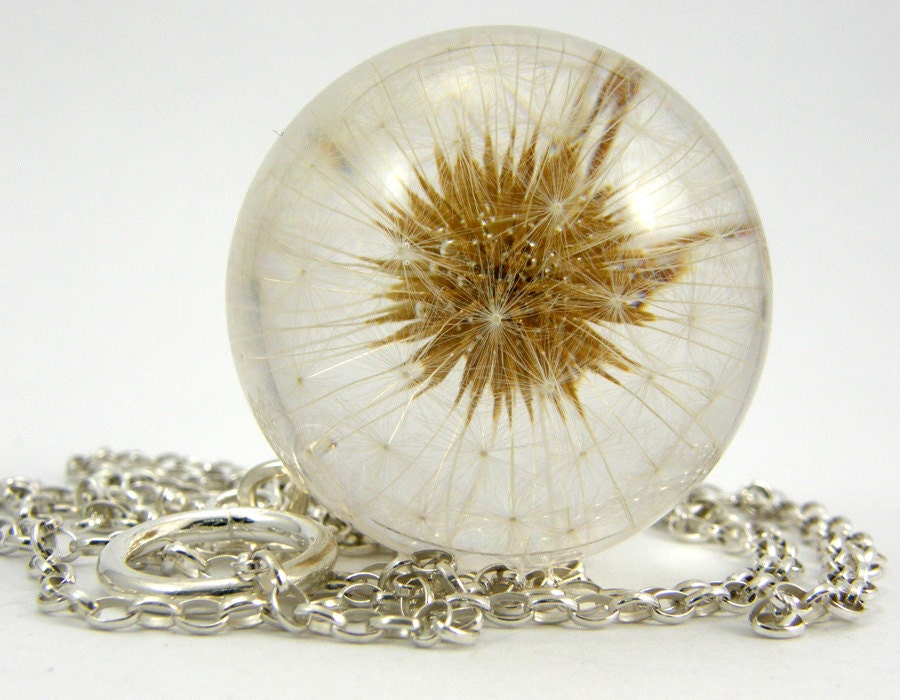 Dandelion Season Has Started, Large Resin Round with Full Dandelion and Sterling Silver Chain, Dandelion Pendant