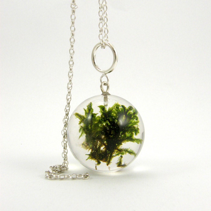 Green Moss Necklace, Large Resin Round with Sterling Silver Chain