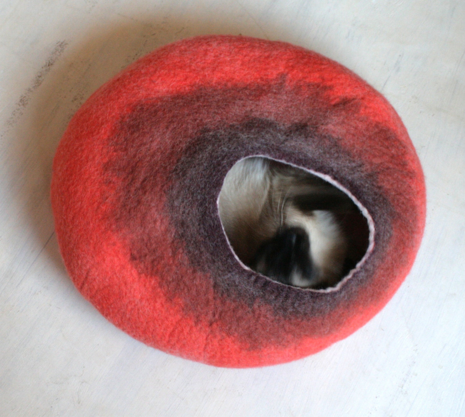 Cat Nap Cocoon / Cave / Bed / House / Vessel - Hand Felted Wool - Crisp Contemporary Design - READY TO SHIP Maroon Orange
