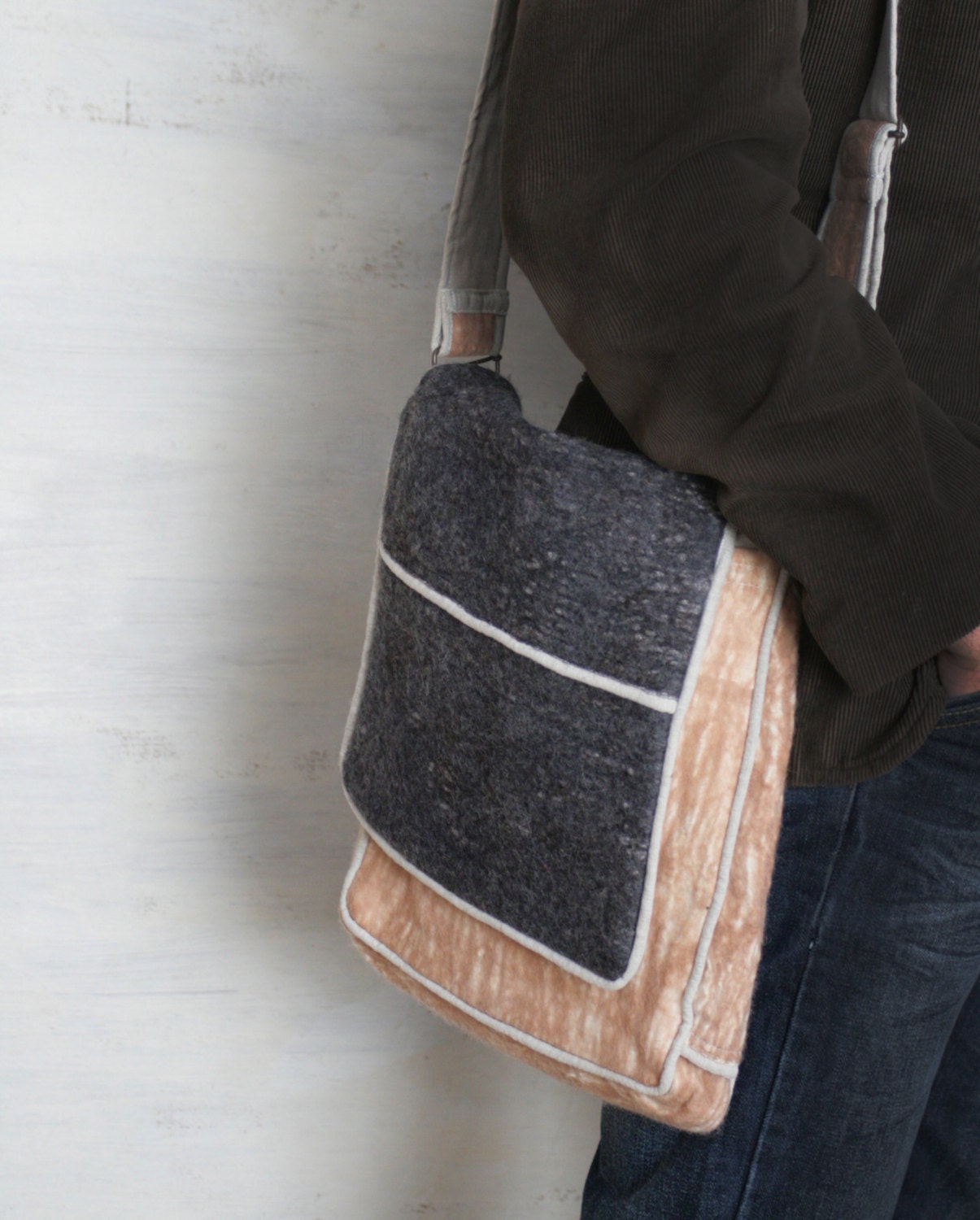 Stylish Brown Gray Messenger Shoulder Felted Bag - Hand felted wool - Wearable Art - OOAK