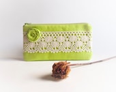 Spring Rustic Wedding Clutch Bridesmaid Gift Idea Clutch Pouch Purse Cosmetic clutch Neon Green Kiwi Rosette Lace Rose  by Lolos