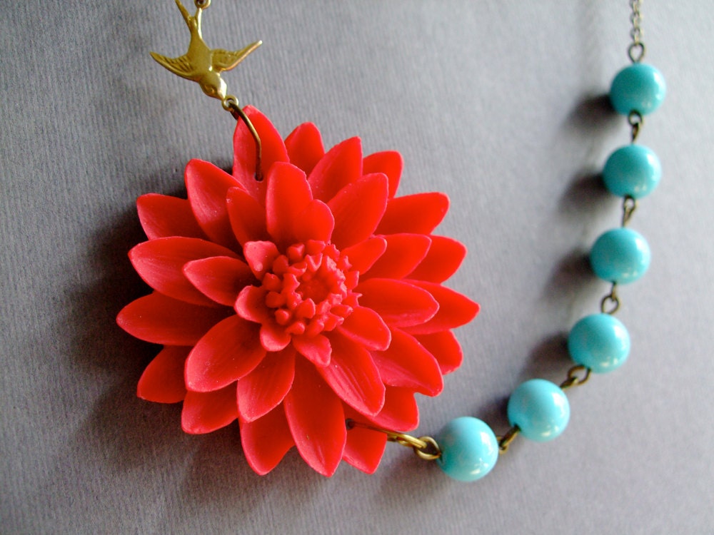 Flower Necklace,Red Jewelry,Bridesmaid Necklace,Statement Jewelry,Aqua Necklace,Pearl Jewelry (Free matching earrings)