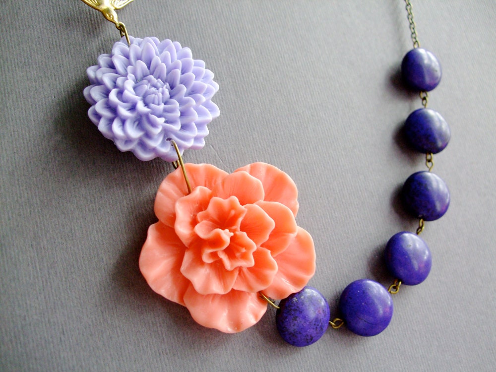 Statement Jewelry,Coral Necklace,Lavender Necklace,Flower Necklace,Bridesmaid Necklace,Purple Jewelry(Free Matching Earrings)