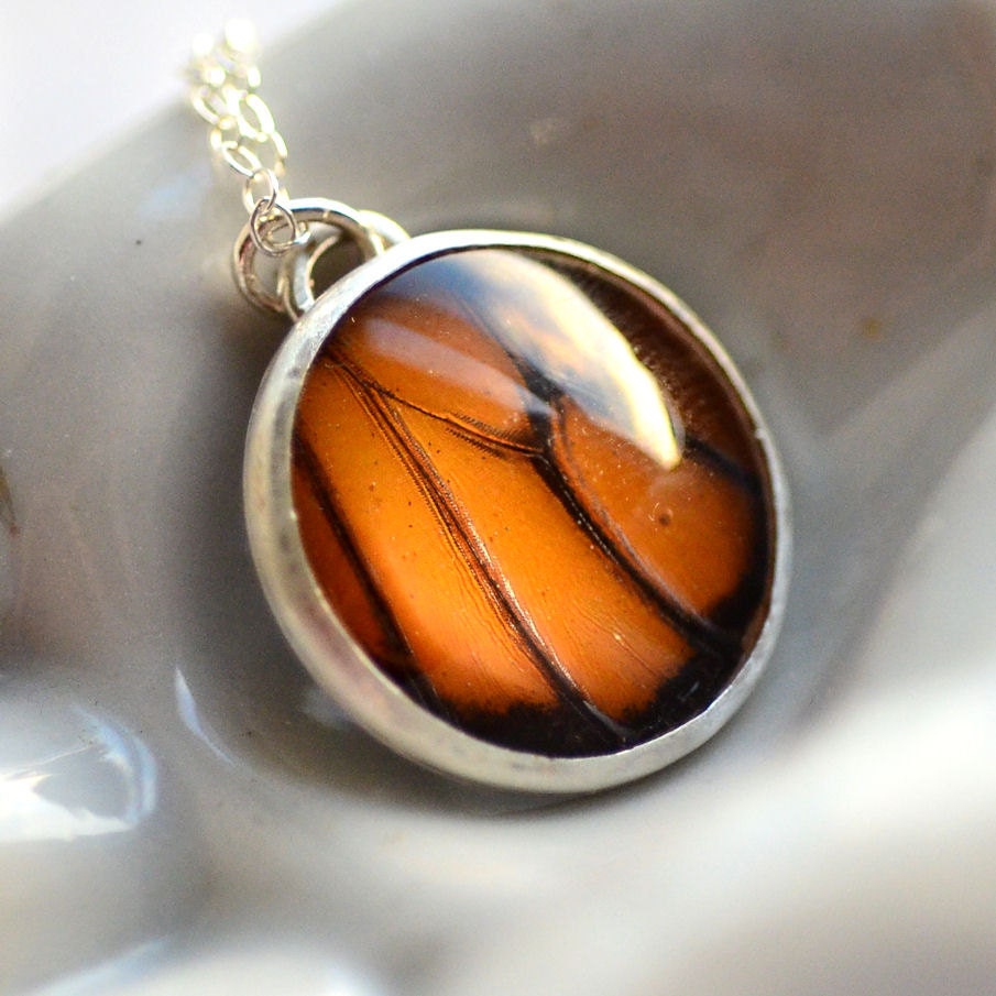 Waterproof  Real Monarch Butterfly Wing Necklace Sterling Silver