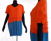 Asymmetric Floral Top 1x Recycled Cotton Spandex Knit Handmade Womens Clothing Orange Periwinkle Blue Flower