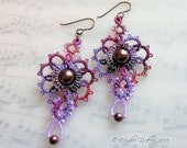Tatted lace earrings with burgundy and purple beads