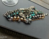 Vintage Rhinestone Turquoise Onyx and Pearl Layered Assemblage Bracelet..deux