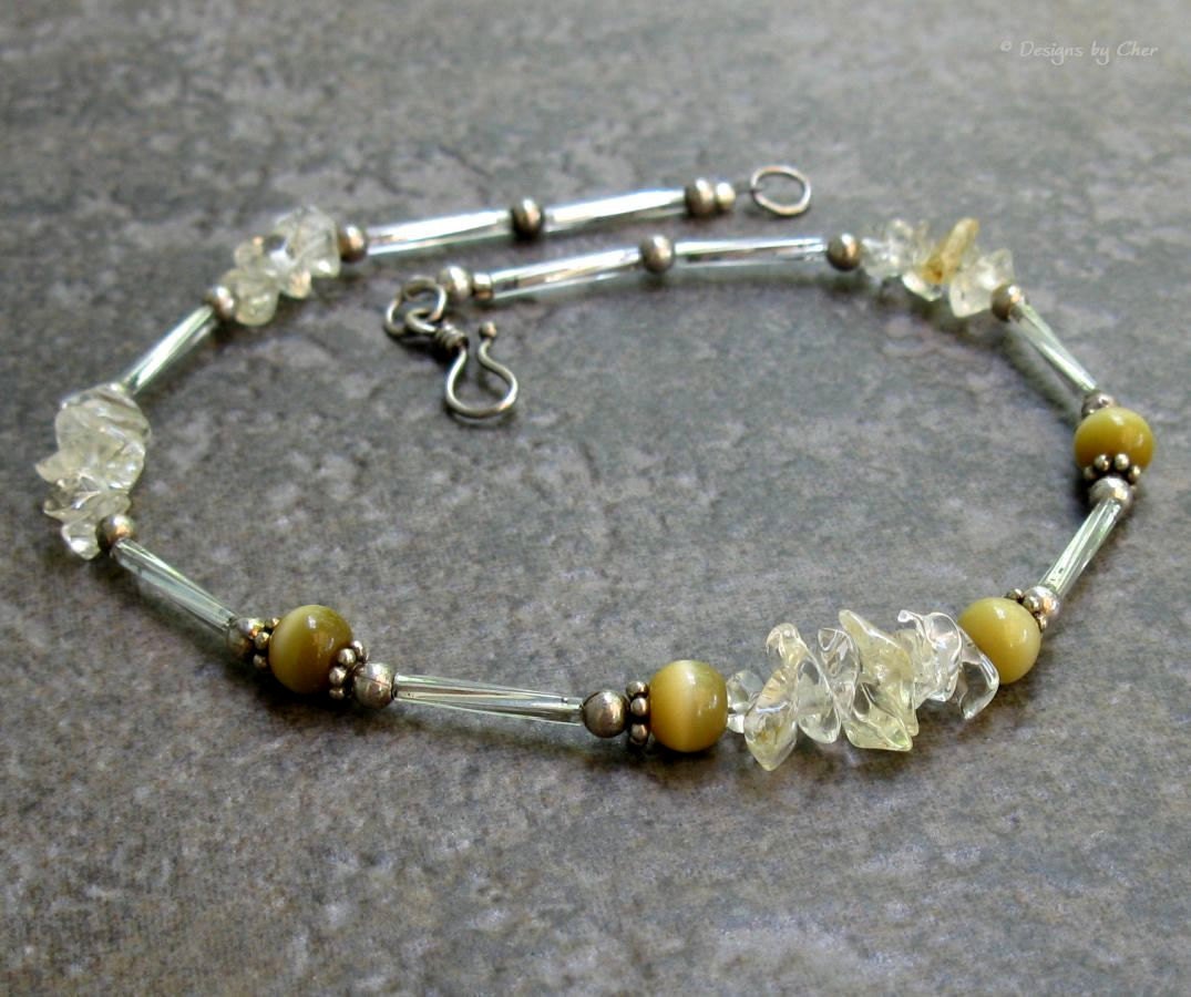 Sterling Silver Citrine Anklet with Tiger Eye & Spiral Glass Beads, Balinese Hook Clasp... Gemstone Ankle Bracelet