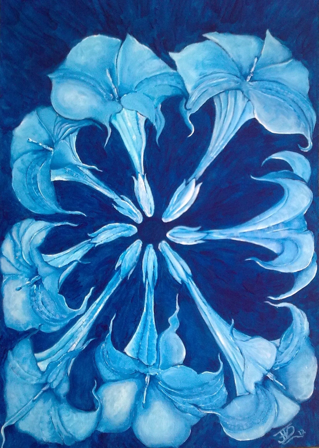 Original Acrylic Painting - Blue Moonflower Mandala - acrylic on upcycled board