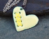 Mended Enamel Heart Pendant Necklace Copper Enameled Jewelry Sewn Yellow