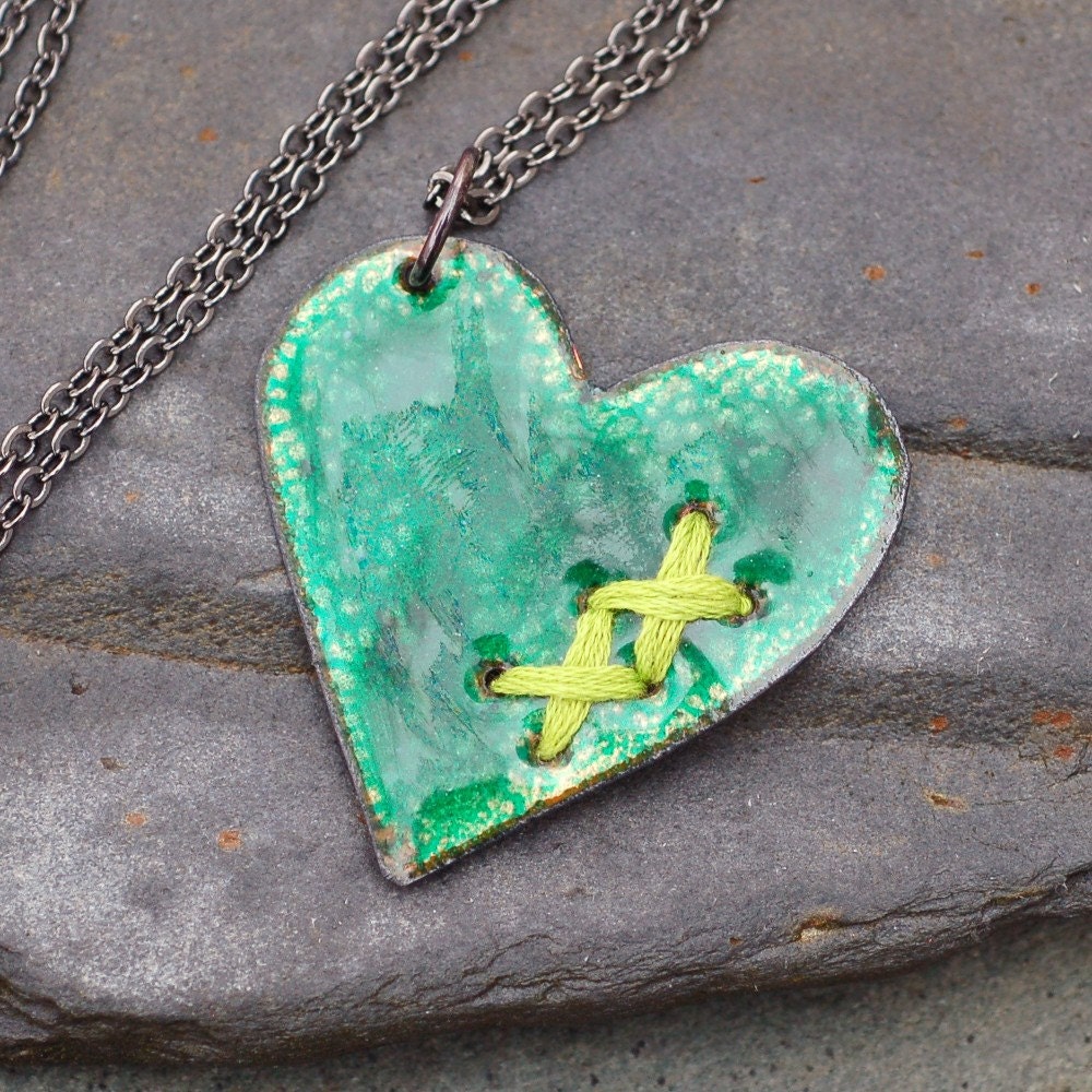 Mended Broken Enamel Heart Pendant Necklace Copper Enameled Jewelry Sewn Green