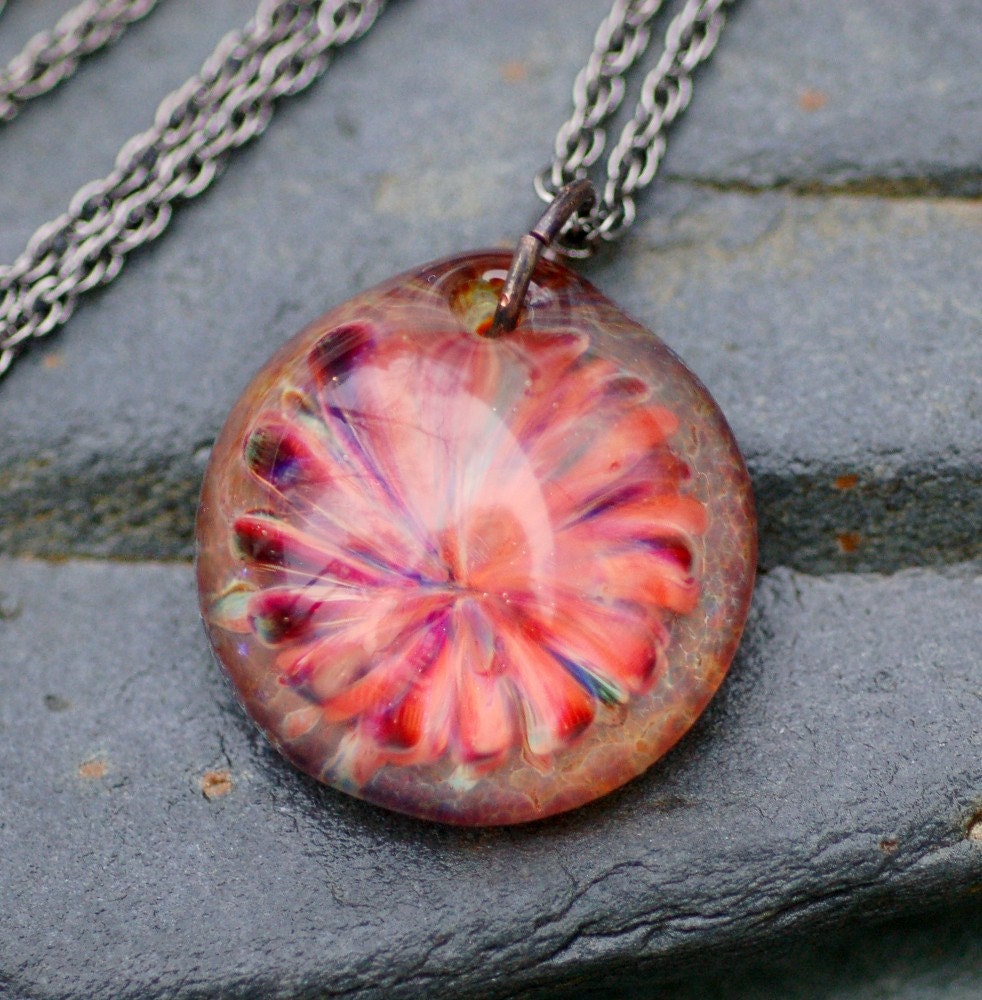 Glass Flower Pendant Boro Borosilicate Lampwork Necklace - Starfire