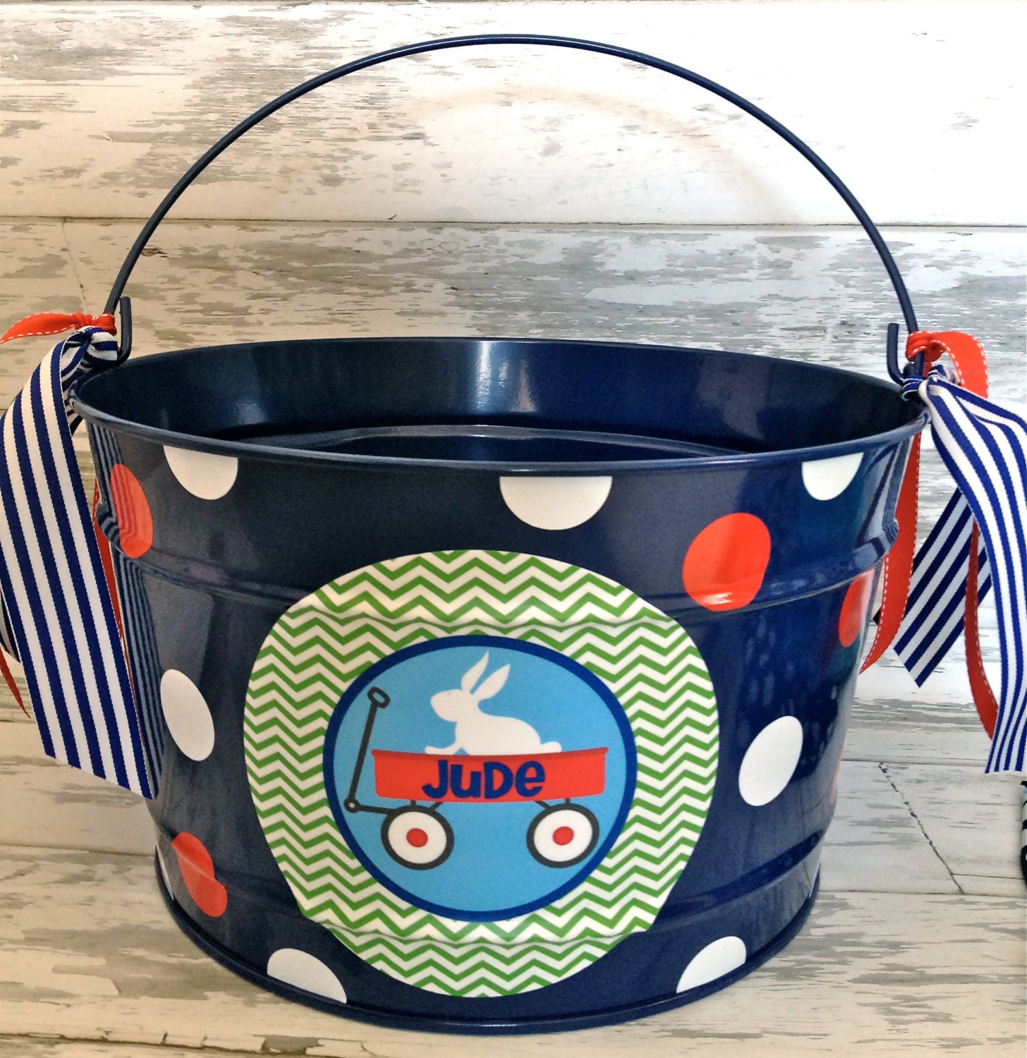 custom personalized 16 QUART name Easter bucket featuring a bunny in a red wagon