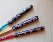 Crochet Hook Set of Three, Polymer Clay, Three Designs on Black, Bates