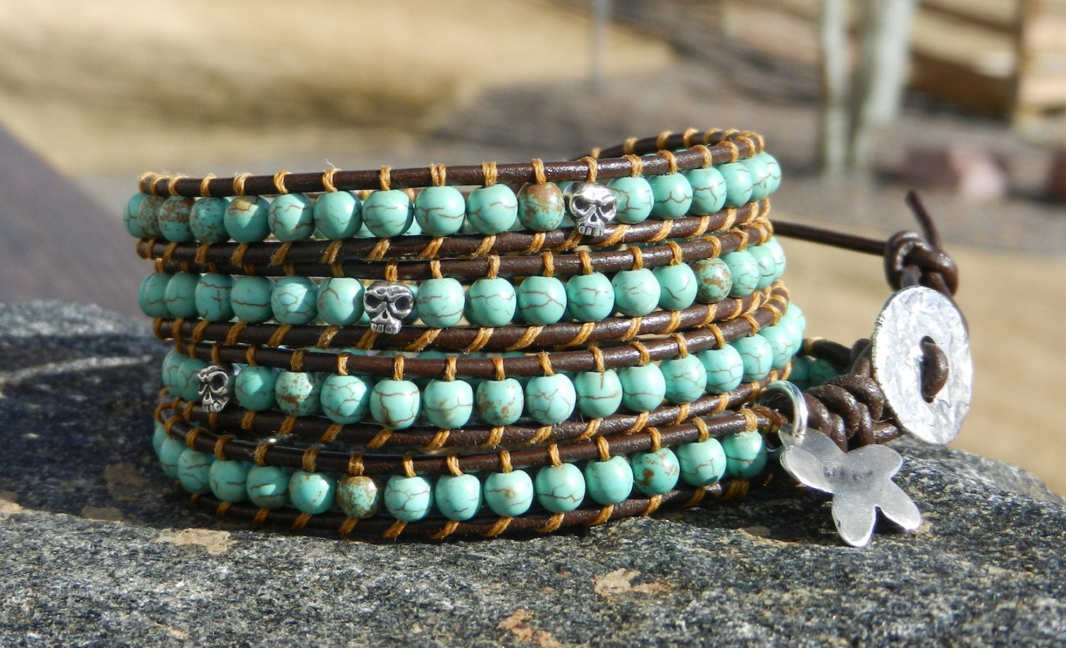 Skulls Magnesite and Sterling Silver Long Wrap Bracelet