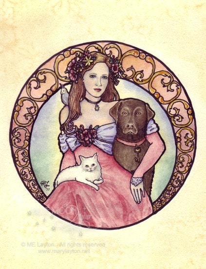 Companions - art nouveau dog cat cockatiel pets signed print - Mary Layton