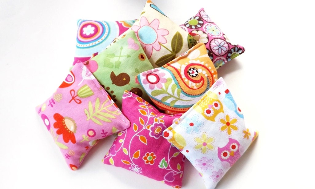 Set of 8 Mini Bean Bags - Sensory Toy / Game / Party Favors - Birds, Owls, Flowers SPRINGTIME