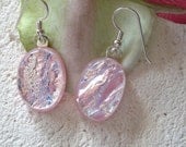 Pink Oval Dangle Earrings - Asymmetrical Dichroic Glass Earrings - Fused Glass Jewelry - Dichroic Jewelry -032113e104