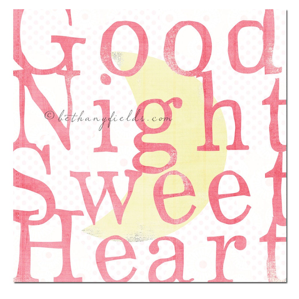 Goodnight Sweetheart Digital Art Ready to Hang Moon Typography Turquoise Pink Yellow Nursery Childrens, 12x12 Canvas Art Illustration