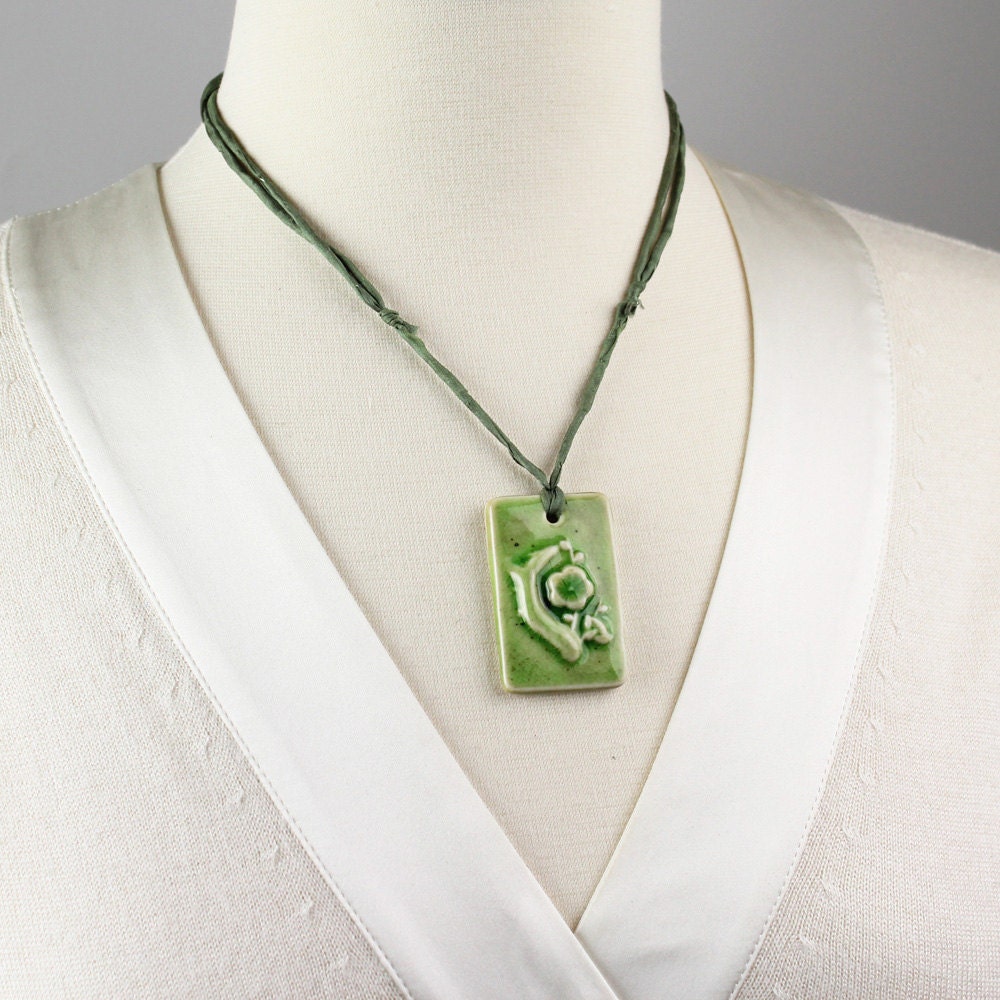 Crackle Green Plum Blossom Tree Ceramic Necklace
