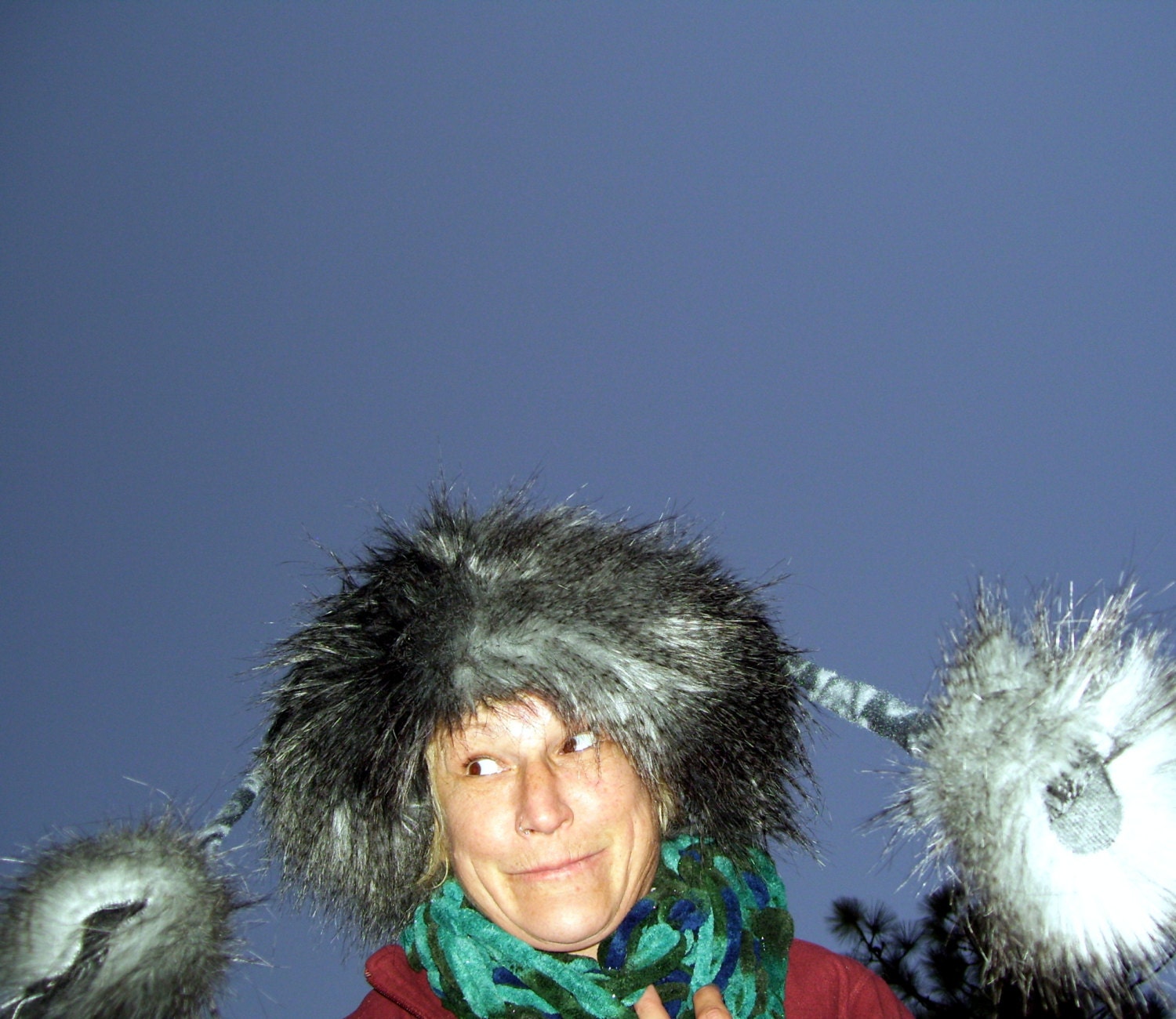 OOAK Aviator Fur Hat Upcycled Felted Wool Gray Black Feather faux fur