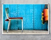 Moroccan Art Print - Old battered chair orange blanket blue wooden door - 10x8 11x14 20x30 20x16 photographic wall art home decor photo