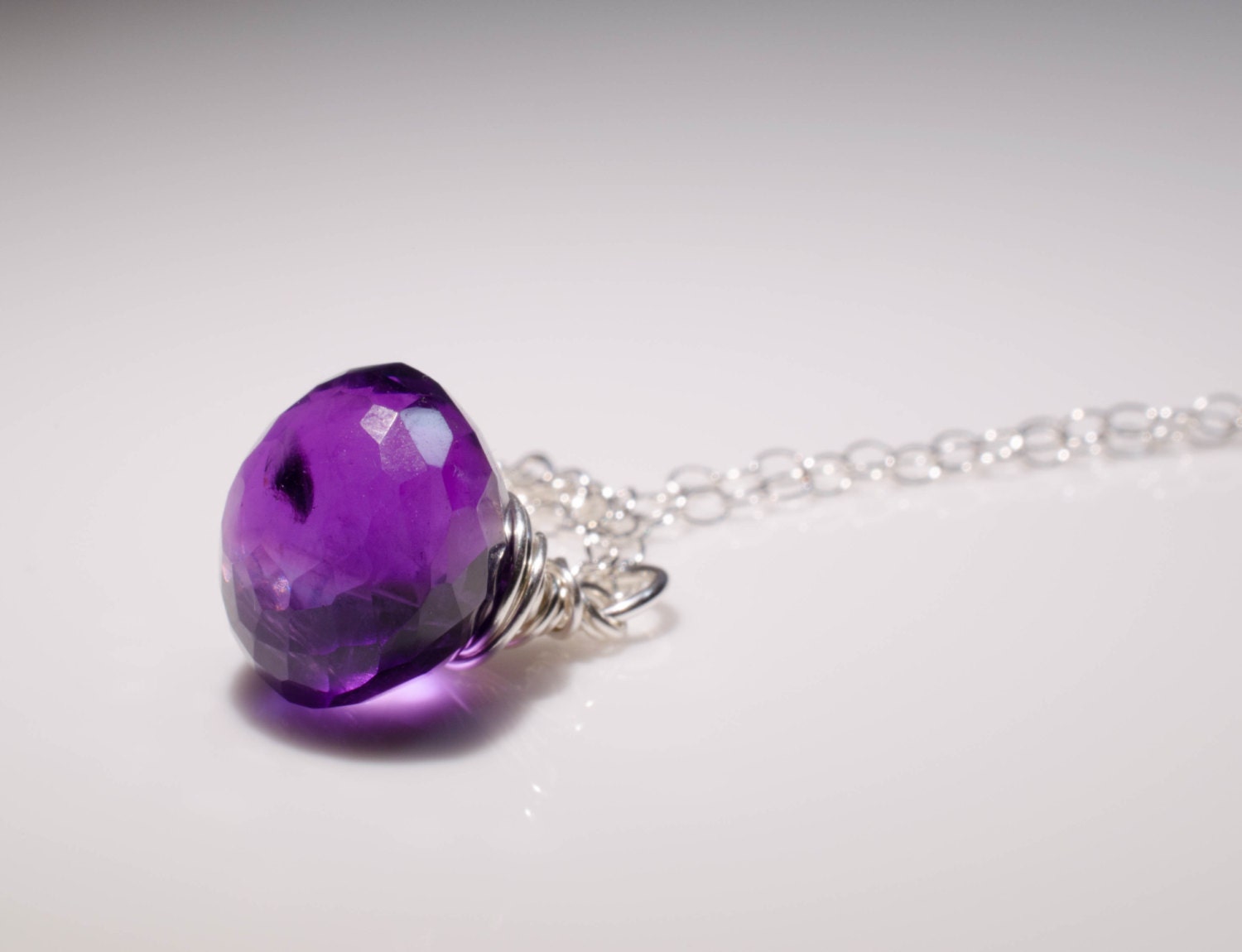 Amethyst Faceted Briolette Necklace Purple Gemstone Wire Wrap Sterling Silver Fine Chain February Birthstone