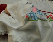 Handmade hand embroidered baby blanket vintage style puppy dog baby bottle white lace trim