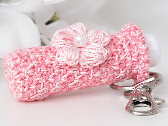 Lip Balm Key Chain, Strawberry Pink Crochet Lip Balm Key Chain Holder, Key Fob with Baby Pink Crochet Flower