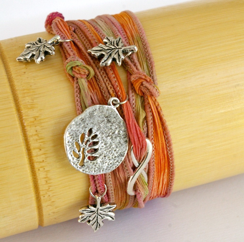 Silk Ribbon Bracelet: Natural Hand Dyed Yoga Style Wrap with Autumn Tree Charms