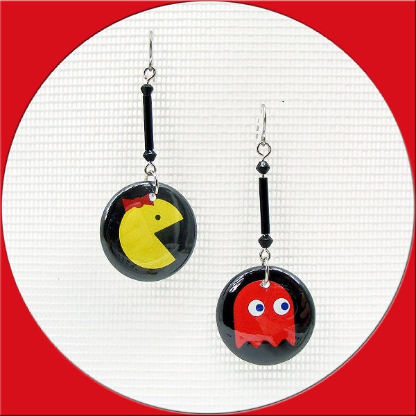 Ms Pacman Button Dangle Pierced Earrings