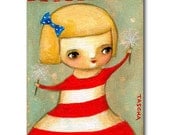 ORIGINAL canvas painting 4th of July celebration BLOND girl with sparklers flag folk art by tascha