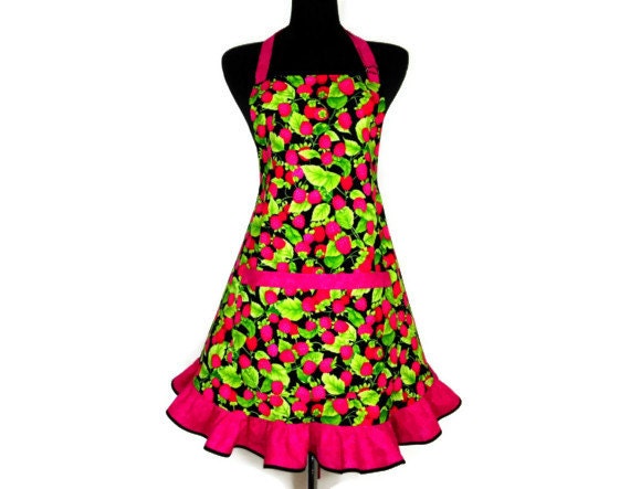Raspberry Apron , Retro Hostess Ruffle , Adjustable , Pink and Green Kitchen Decor