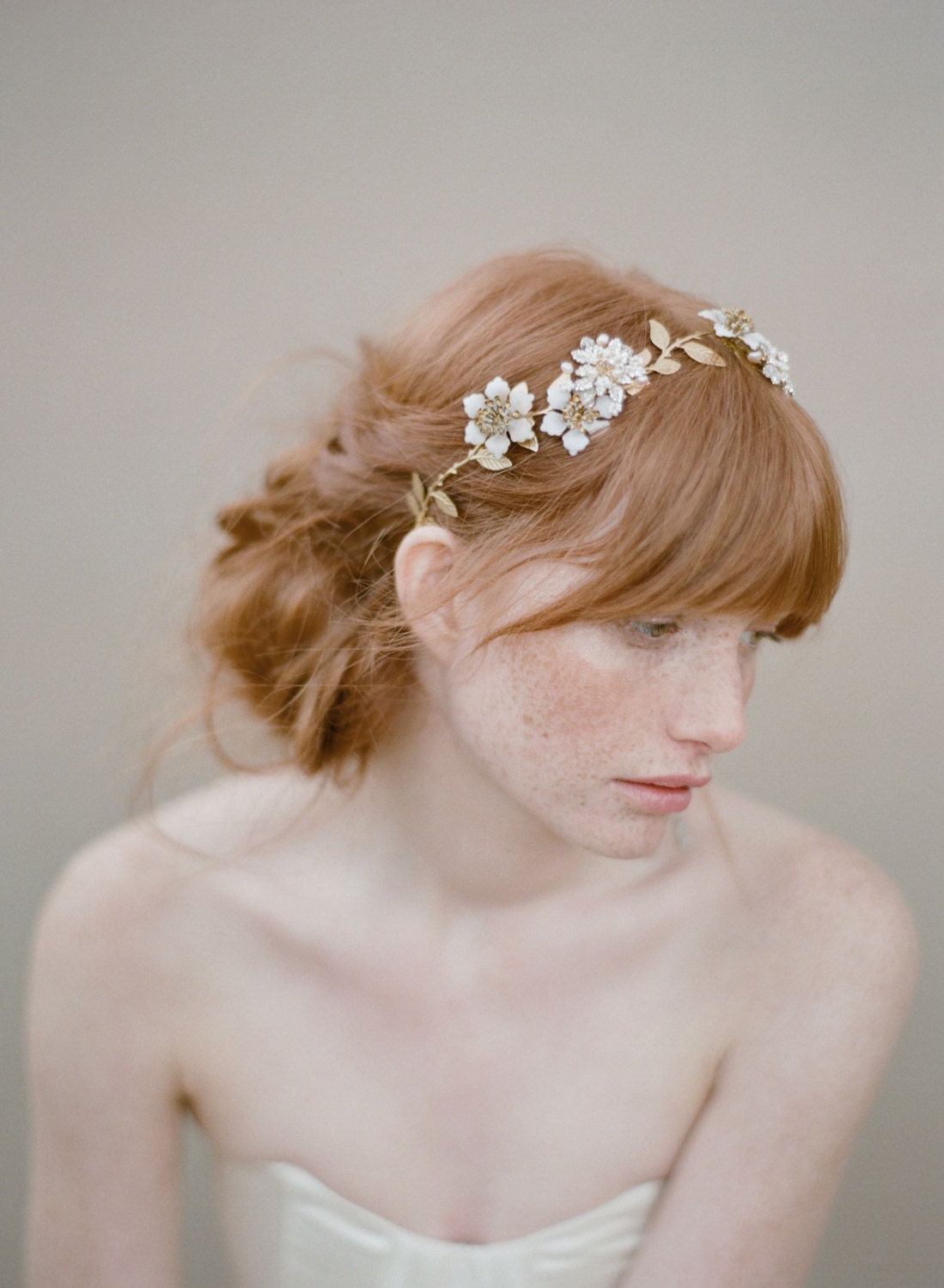 Bridal hair vine, beaded flowers, headpiece - Pearl and crystal blossom twig headpiece - Style 354